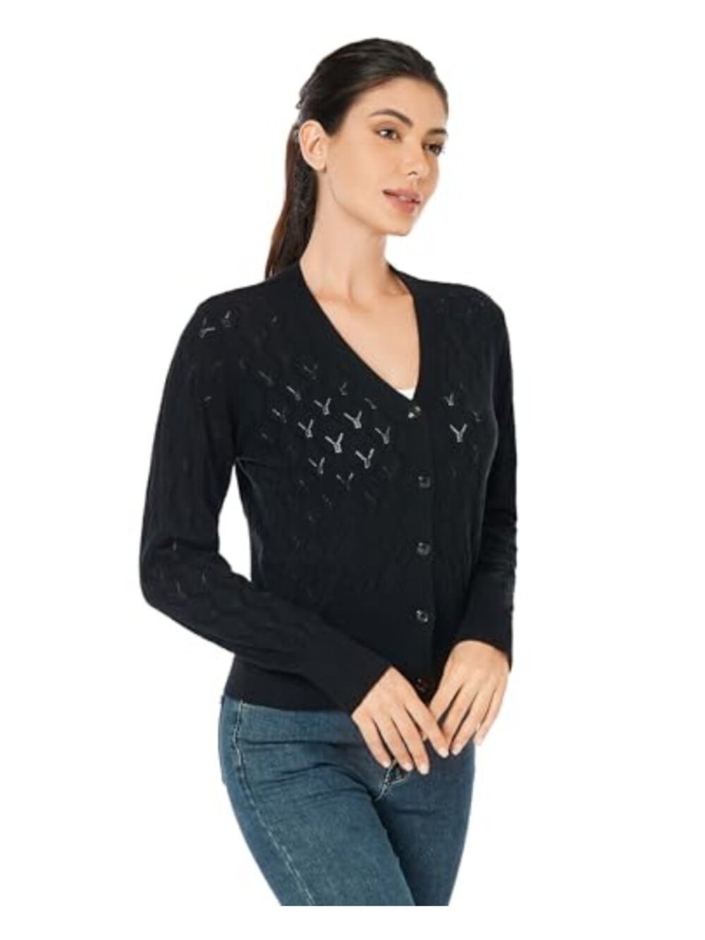 Lightweight Button Down Wavy Long Sleeve V Neck Soft Knit Cardigan Sweater